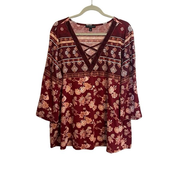 Signature Studio Burgundy Top Floral Velvet Trim 3/4 Sleeve Boho Peasant Size 2X - Picture 2 of 9